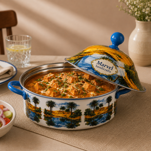 <b>Marvel</b> Handicrafts Landscape <b>Printed</b> Enamel Casserole with Lid Blue Handles Premium Serving Pot Decorative Kitchen Dining Table - Product Image 3
