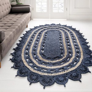 Tapis ovale en jute fait main, rayé, style bohème, tissage plat, pour salon, bleu marine et beige, à poils ras. - Product Image 5