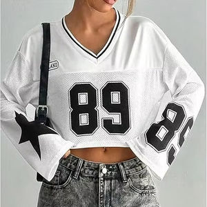 Camiseta Corta de Mujer con Estampado de Serigrafía, Top de Color Liso de Spandex/Algodón, Camiseta Deportiva Holgada para Mujer - Product Image 1