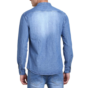 Chemise en jean pour homme, manches longues, couleur unie, col mandarin, coupe ajustée décontractée, coton délavé, respirante, toutes saisons - Product Image 5