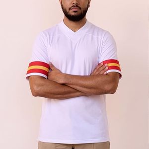 White V-Neck Sports Jersey Short Sleeve <b>Red</b> Yellow Striped Sleeves Lightweight Athletic Shirt Polyester Material - Product Image 6