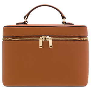 Leather Cosmetic Case <b>Medium</b> Size Zipper Closure Elegant Style Soft Handle Travel Makeup Bag <b>Brown</b> Color - Product Image 1