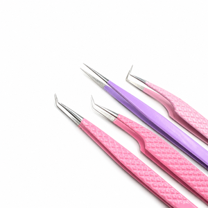Pinces à cils de précision en acier inoxydable avec poignée diamantée rose et violette, pointes à 45 et 90 degrés pour extensions de cils - Product Image 1