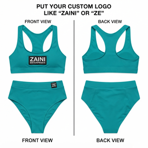 Ensemble de bikini pour femme en nylon et élasthanne côtelé premium 280 GSM, extensible dans les quatre sens, couleur turquoise unie, taille haute, avec logo personnalisé en PVC par transfert thermique - Product Image 1