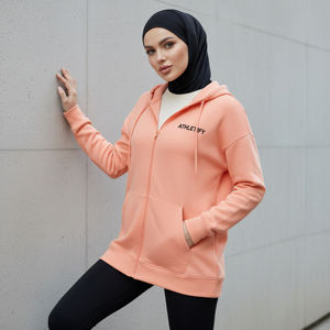 Sudadera con capucha islámica modesta de talla grande, transpirable, con cremallera completa para mujer, manga larga, holgada, deportiva, con bolsillos, para caminar, fitness y viajes - Product Image 1
