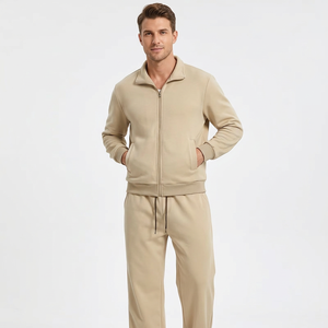 Men's Beige 2-Piece Lightweight Sweatshirt Set Solid Color Fleece Track Suit Casual Autumn Wear 100% Cotton French OEM Service - Product Image 3