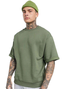 เสื้อยืดแขนสั้นผู้ชายสีเขียวมะกอกทรงโอเวอร์ไซส์ สีพื้น ผ้าคอตตอนเจอร์ซีย์ถัก สวมใส่สบาย - Product Image 5
