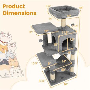 <b>Light</b> Gray 44\" Multi-Level Cat <b>Tree</b> Indoor Cats Furniture with Spacious Top Perch 2 Door Condo Hammock - Product Image 5