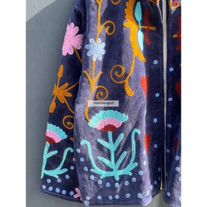 Women's Casual Jacket Flowers Embroidery Jacket Handmade Suzani Jacket <b>Coat</b> Soft Velvet Short Unisex Jacket - Product Image 3