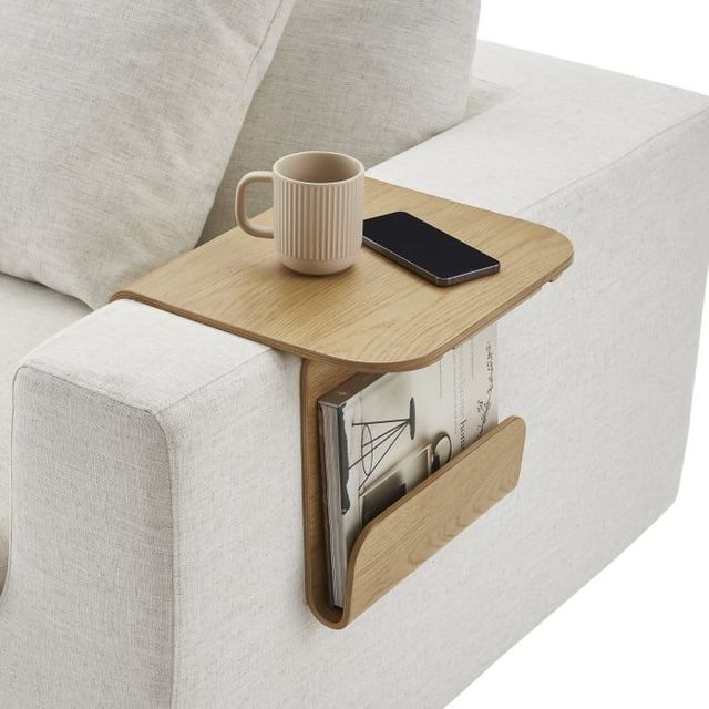 Minimalist Wood Couch Arm Tray Table Beverages Snacks Remote Organizer Contemporary Interior Design