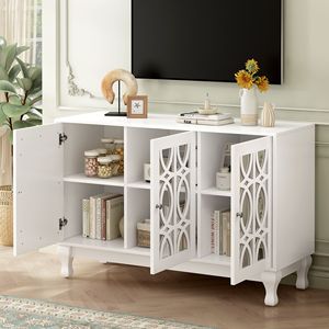Modern Solid Wood <b>TV</b> Stand with 3 Adjustable Shelves <b>Mirrored</b> Entertainment Center up to 55 Inches Metal Handle - Product Image 3