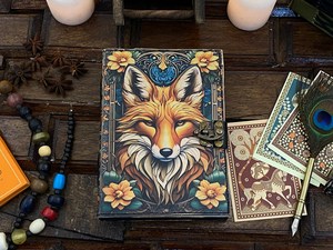Fox Art Herb Heritage Van Gogh-Stil Leder-Hardcover-Notizbuch Fadenheftung Skizzenbuch Geschenk Gelber Einband Blumendesign 400 Seiten - Product Image 1