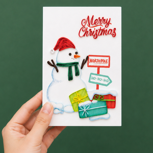 Carte de vœux élégante faite à la main en papier, impression numérique, taille personnalisée, motif bonhomme de neige du Pôle Nord, quilling, Noël Vietnam, haute qualité - Product Image 4