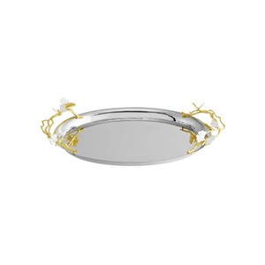 Bandeja Ovalada para Servir, Hecha a Mano, de Acero Inoxidable, con Asas de Bambú, Elegante Bandeja Decorativa de Metal Plateado - Product Image 4