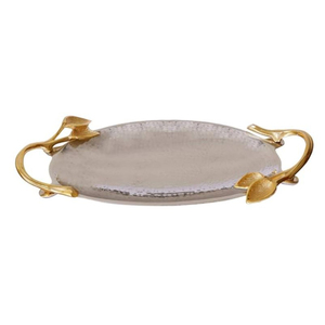 Elegant Designer Oval Shape Food <b>Serving</b> <b>Tray</b> Finest Quality Silver Metal <b>Tray</b> With <b>Gold</b> Leaf Design Handle For Hotel Supplies - Product Image 6