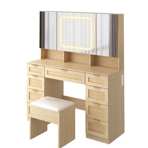 Large Makeup Vanity Table Set with 3 Opening LED-Lit Mirrors Full Storage Behind Mirror D Style Design - Product Image 5