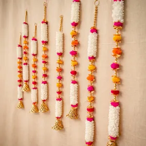 Handmade White Flower Hanging Garland Toran with Gold <b>Bell</b> for Diwali Wedding Home Wall Decor - Product Image 3