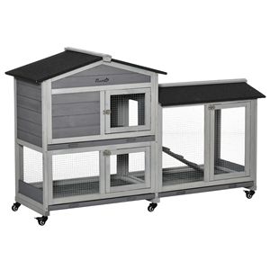 Conigliera in Legno Grigio Chiaro da 62 Pollici con Ruote, Casetta per Conigli per Uso Interno ed Esterno - Product Image 1
