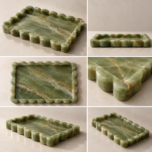 Plateau de vanité en marbre vert, rectangulaire festonné, présentoir en pierre pour bijoux et parfums, organisateur pour salle de bain et coiffeuse - Product Image 2