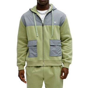 <b>Men</b> Hooded <b>Fleece</b> Tracksuit Set <b>Zip</b> <b>Up</b> Heavyweight <b>fleece</b> Cargo Pocket Jogger Two Piece Contrast Panel Casual Streetwear Supply - Product Image 1