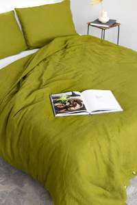 Parure de lit en coton 300 fils/m² vert mousse avec 2 taies d'oreiller, douce et lavée, pour hôtel et décoration de chambre à coucher - Product Image 3