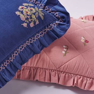 Blue Hand Embroidered Floral Cushion Cover with Ruffle Trim Cotton Custom Logo OEM - Product Image 5
