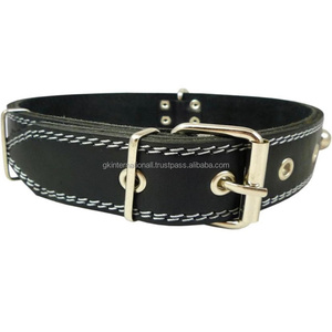 Collier pour chien en cuir véritable extra large et épais clouté sur mesure à double couture blanche collier pour chien noir avec quincaillerie en nickel - Product Image 1