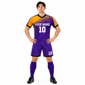 Ensemble de maillot de football personnalisé violet et or pour hommes, uniforme de football par sublimation avec nom et numéro personnalisés et short assorti - Product Image 1