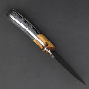 Couteau de camping compact à lame fixe en acier Damas, pointe tombante, manche en bois Pakka bicolore, lame pleine longueur, outil utilitaire OEM - Product Image 4