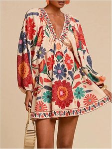 Vestidos Mini Boho Florales con Cuello en V para Mujer, Mangas Abullonadas, Espalda Descubierta con Lazo, Vestido Tropical - Product Image 4