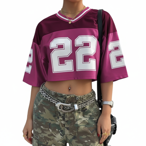 Haut court léger et respirant pour femme grande taille, style maillot de football américain 3/4, uniforme de rugby, en maille, col en V, épaules tombantes - Product Image 4