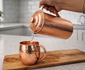 Copper jug <b>set</b> with eco reusable sustainable design water serving metal <b>set</b> with glasses durable reusable kitchen dining drinkwa - Product Image 1