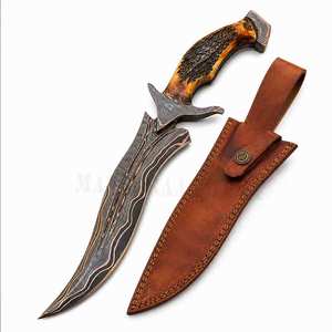 Cuchillo Bowie de Caza Hecho a Mano de Acero de Damasco y Cobre con Ranura para Sangre, Hoja Fija, Cuchillo de Caza Personalizado, Regalo para Él - Product Image 1