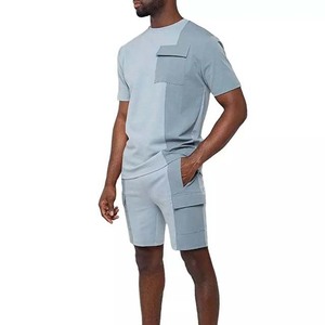 Ensemble T-shirt et short d'été pour homme, col rond, tricoté, 100 % coton, respirant, style décontracté, color block - Product Image 2