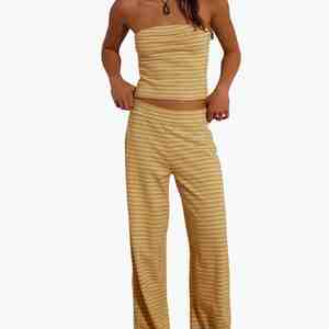 Women Striped Tube Top And Wide Leg Pants <b>Set</b> Loose Fit Casual Outfit Breathable Knitted Cotton Spandex Two Piece Co-ord <b>Set</b> - Product Image 1