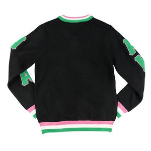 <b>Black</b> AKA V Neck Sweater With Pink Green Trim Embroidered Crest Pullover Knit <b>Top</b> Stylish Casual Apparel For Women - Product Image 4