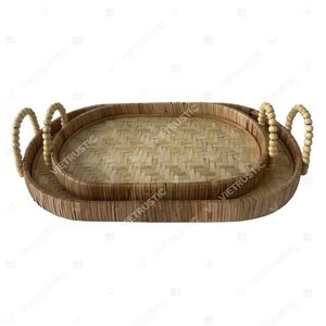 Plateau de service artisanal CHEVRON TONE en bambou et rotin, organiseur de garde-manger, décoration d'intérieur - Product Image 4