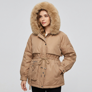 Parka d'hiver longue et épaisse pour femme, avec capuche en fourrure beige, fermeture éclair, coupe-vent, chaud et pratique - Product Image 1
