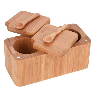 Boîte à épices de luxe carrée en bambou avec 2 pots pivotants pour sel et poivre, couvercle magnétique et mini-cuillère - Product Image 3