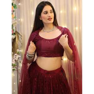 Espléndida ropa de boda, red bordada de vino Lehenga Choli con Dupatta para ropa de recepción - Product Image 3