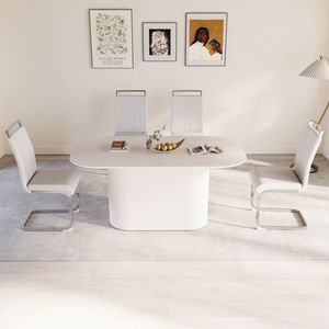 63\" Medieval Modern Cream Style MDF Dining Table PU Armless <b>Chair</b> Set 4-piece <b>Silver</b> Plated Metal Leg Assembly Dining Room - Product Image 1