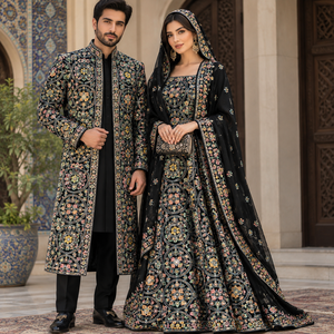Tissu brodé floral noir avec détails en sequins pour foulards et châles pour femmes, longue veste abaya burqa koti - Product Image 3