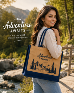 Adventure Awaits Eco-Friendly Durable Jute Tote <b>Bag</b> with <b>Large</b> Shoulder Handle Mountain Design for Outdoor & <b>Beach</b> Use - Product Image 1