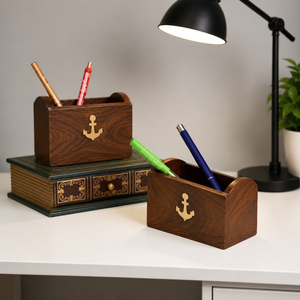 Organisateur de bureau léger et écologique en bois de rose indien fait main, porte-stylos |   Décoration de table de direction en laiton incrusté pour bureau - Product Image 3
