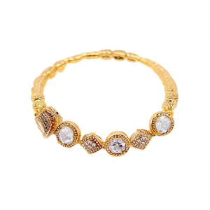 Gold Plated Copper <b>Bangle</b> <b>Bracelet</b> with Zircon and Pearl Bezel Setting - Product Image 1