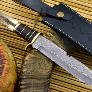 Couteau à lame fixe en acier Damas fait main, manche en bois de cerf, pointe tombante, pour la chasse, le dépecage, le camping et la survie - Product Image 2
