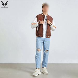 Streetwear Brown & <b>White</b> Contrast Trendy With Embroidery & Patch Snap Closure Multiple Pockets College Baseball <b>Jackets</b> - Product Image 4