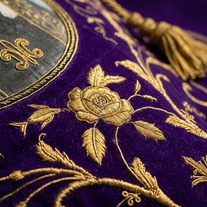 Luxury Purple Silk Church <b>Banner</b> Gold Bullion Wire Embroidered Our Lady of Sorrows Christian Ceremonial <b>Banner</b> - Product Image 3