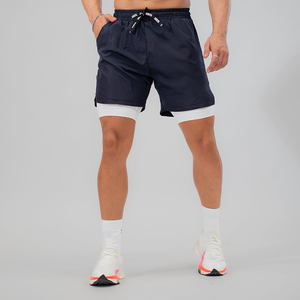 Shorts de sport pour homme bleu foncé 2 en 1, séchage rapide, respirant, coupe-vent, avec cordon de serrage, shorts de sport actifs - Product Image 4