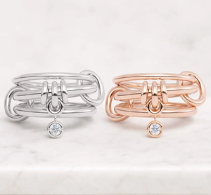 14K Solid Gold Interconnected Ring with Lab Grown Diamond Dangle <b>Three</b> Gold Link Band Link Connector Ring Stackable Charm Band - Product Image 3